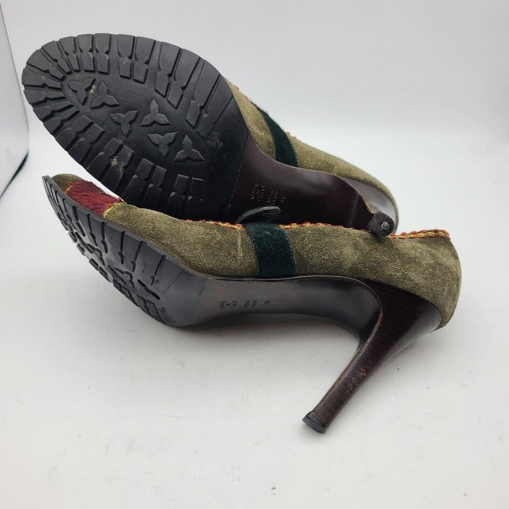 Philosophy Alberta Ferretti Designer heels pumps green red calf hair sz 8.5 39 - Picture 8 of 11